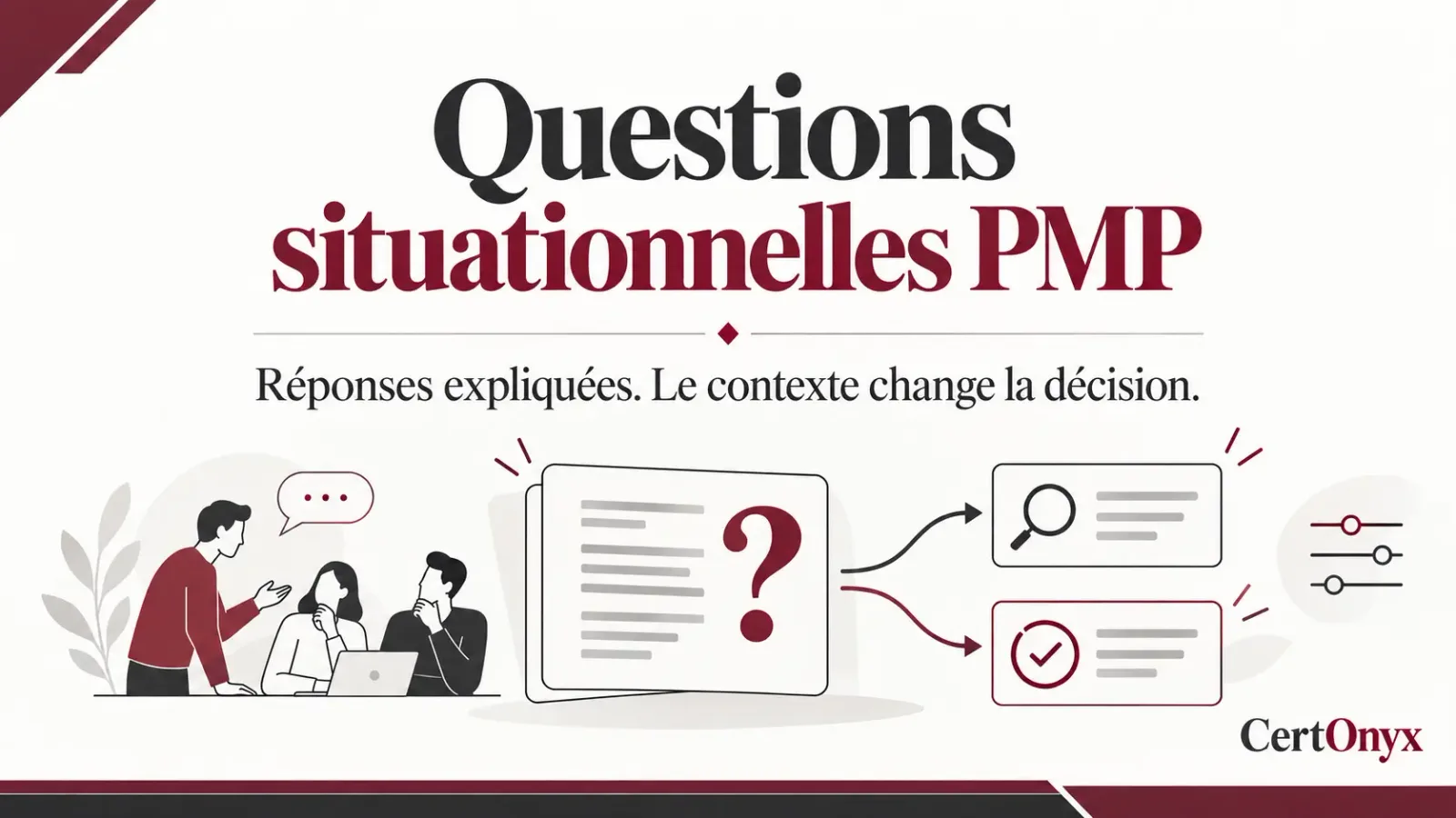 Questions situationnelles PMP illustrées par une discussion d’équipe et deux décisions possibles.