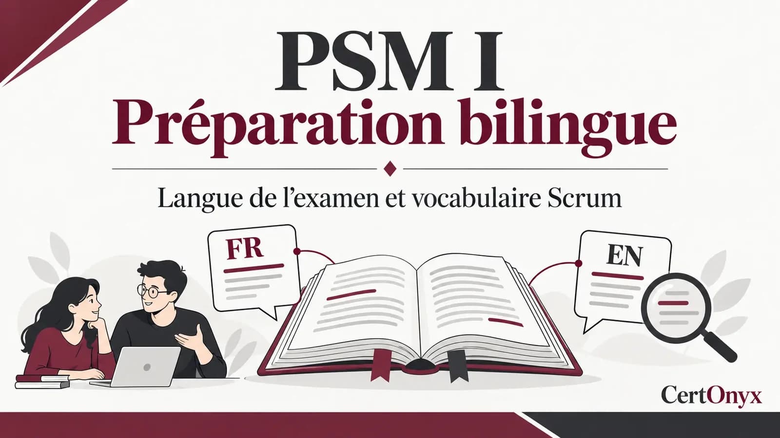 Préparation bilingue PSM I illustrée par un livre ouvert et des notes en français et en anglais.