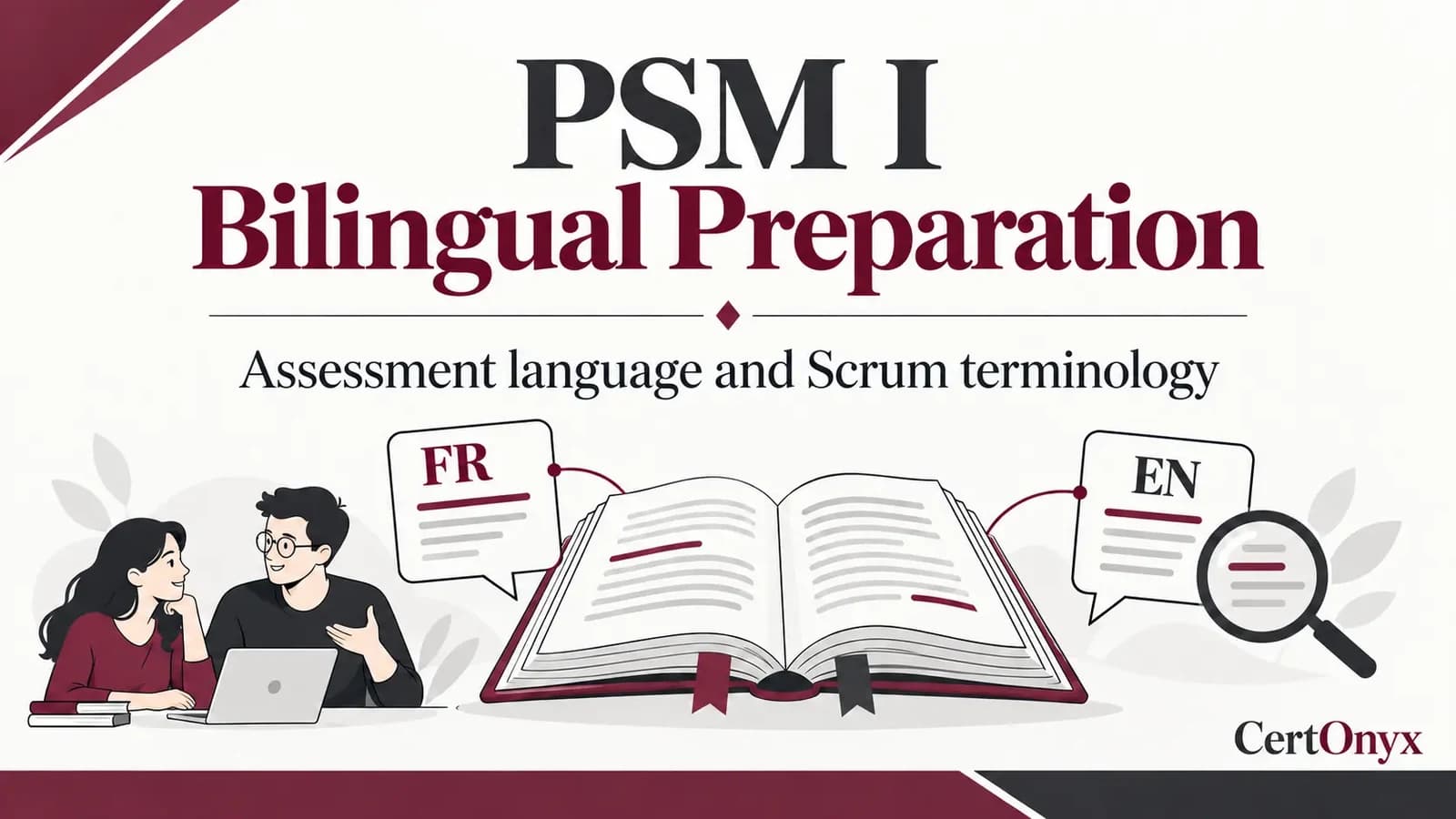 Bilingual PSM I preparation illustrated by an open book and French and English study notes.